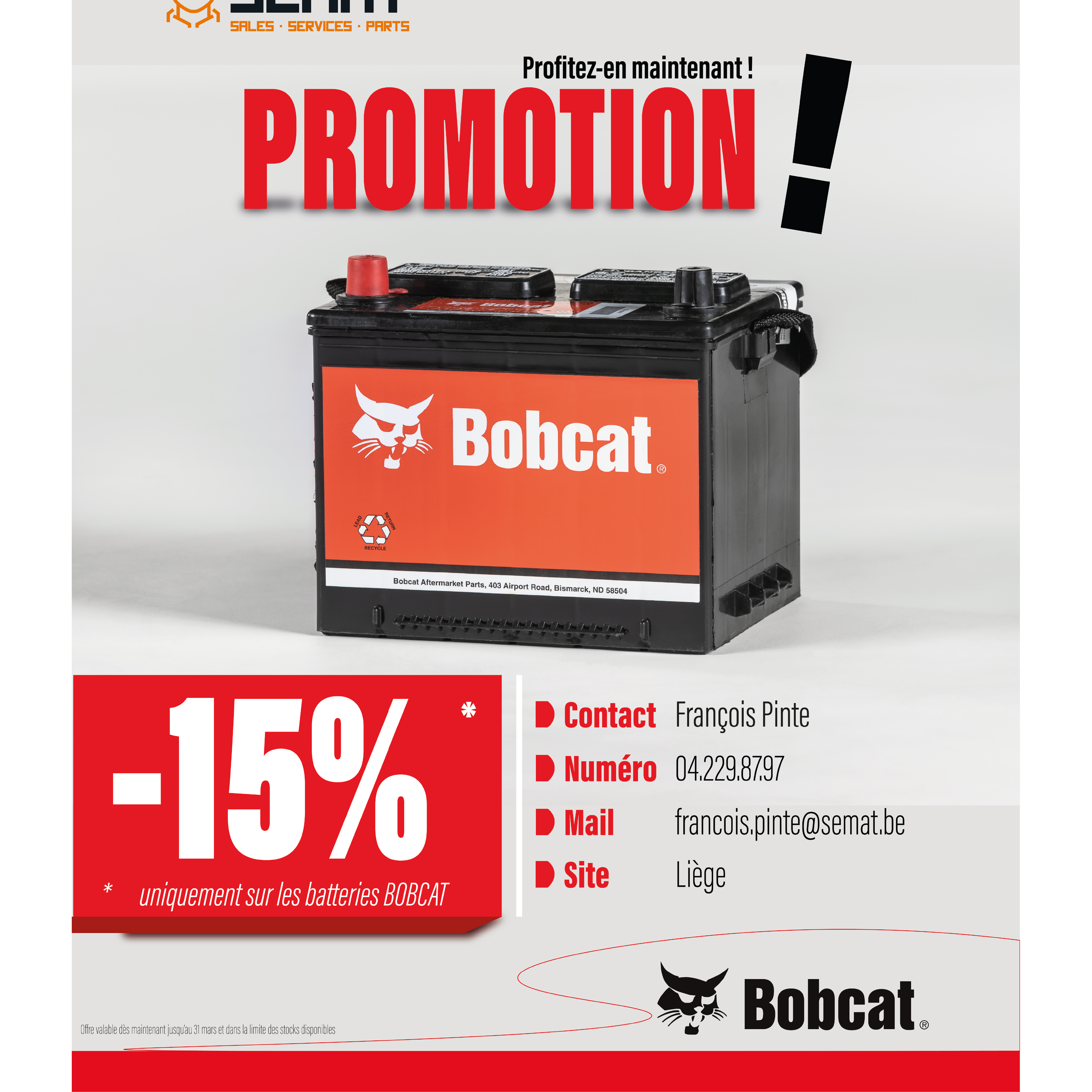 15% de remise sur TOUTES nos batteries Bobcat ! 